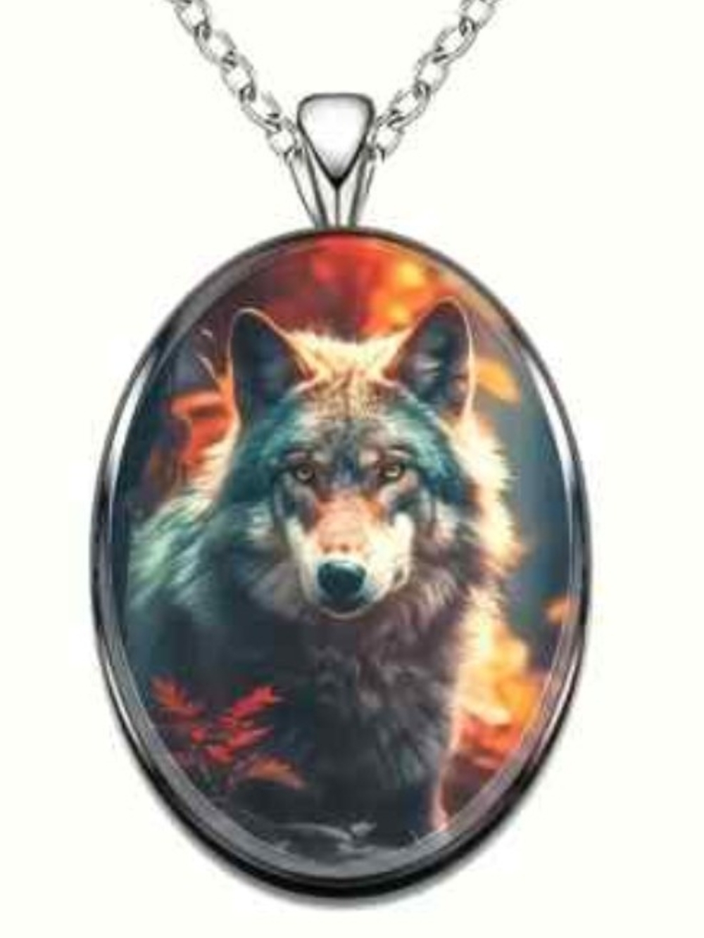 Silver Wolf Pendant Necklace - Grey and Orange Wolf Art